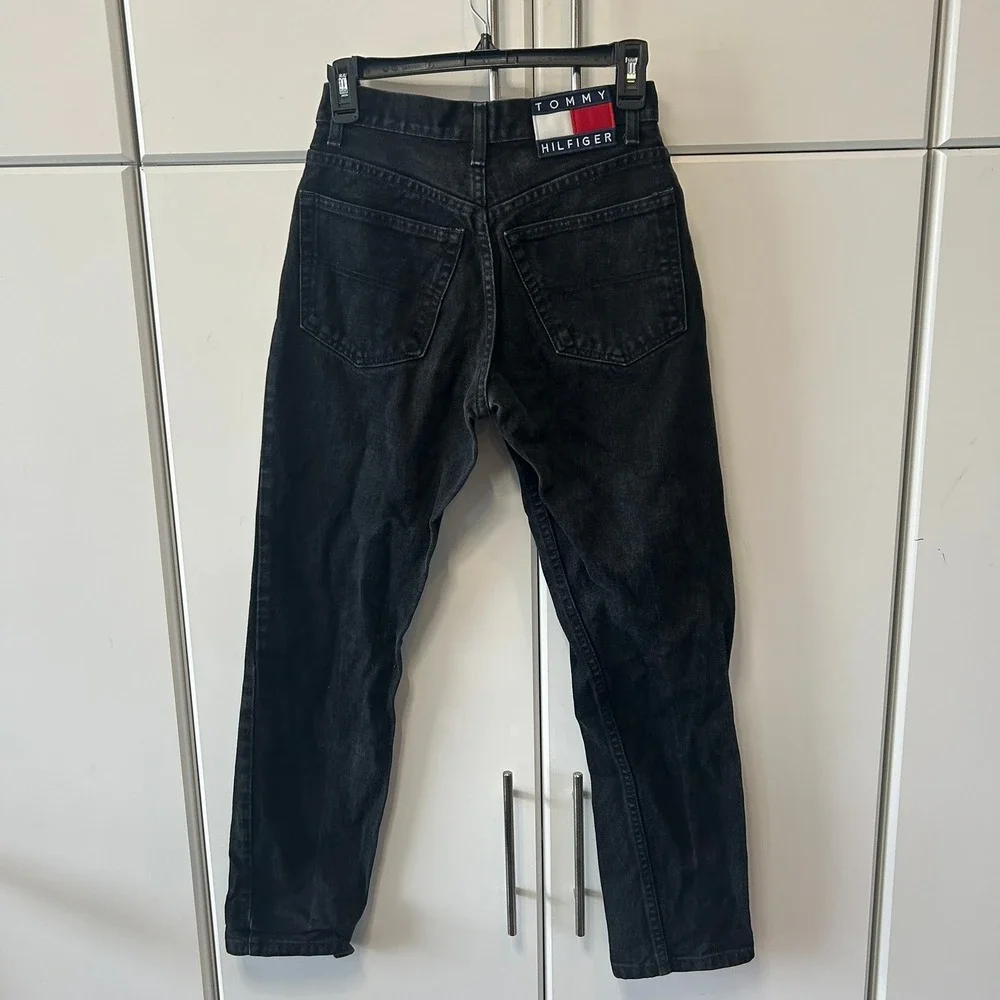 Tommy Hilfiger Vintage High Waisted Black Denim Jeans Straight Leg Flag Logo